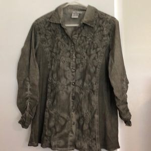 Olive green jacket with ruched sleeves